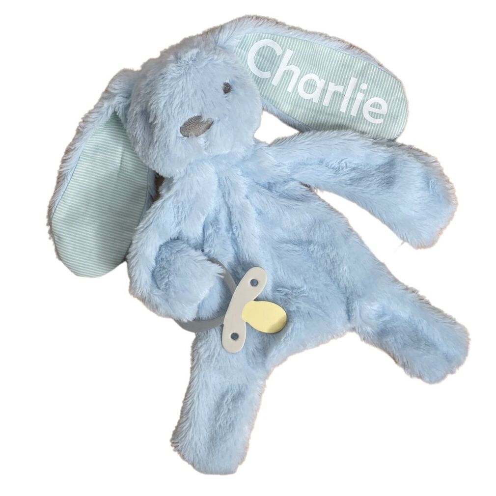 Personalised Bunny Comforter with Dummy Holder Blue Stripe