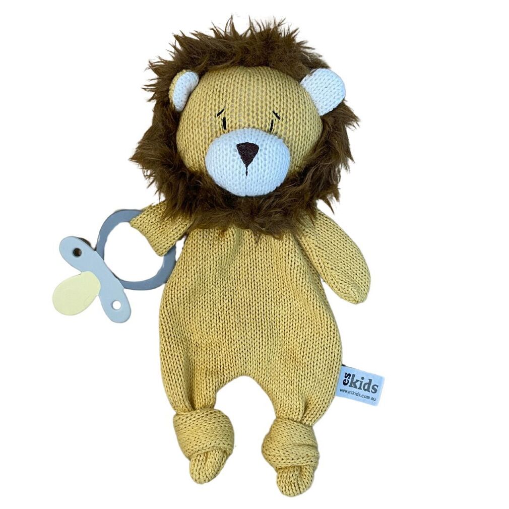 Knitted Eco Lion Baby Comforter with Dummy Holder 30cm soft plush toy